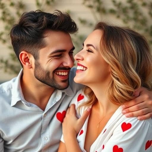 un couple souriant s'amuse et prend les choses avec amour.