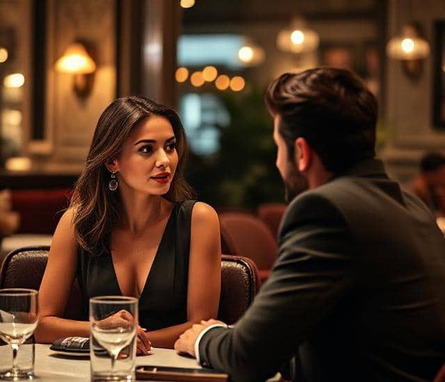 امرأة أنيقة واثقة تقف في مطعم تحت ضوء ذهبي خافت. تضع يديها على الطاولة وتتحدث بثقة مع رجل يجلس بجانبها.