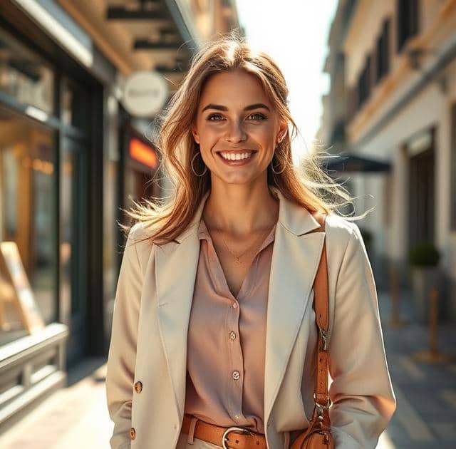 Une femme souriante, lumière naturelle, arrière-plan flou d’un café ou d’une librairie. Style féminin, gracieux, réaliste et accessible. Ambiance printemps ou automne