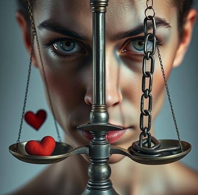 Une balance avec des cœurs d'un côté et des chaînes de l'autre : Cette image pourrait symboliser le conflit entre le besoin d'amour et les comportements addictifs.
