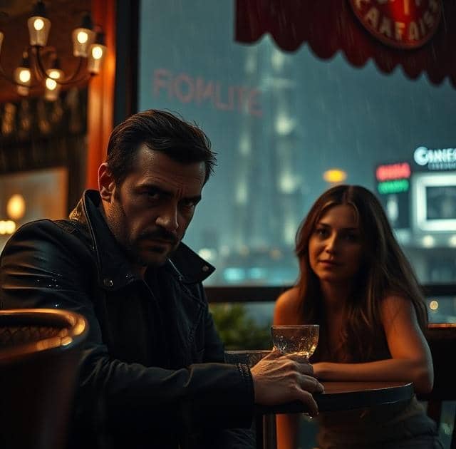 Couple, avec un homme méchant cela se voit dans sa posture et son esprit, dans un café ou un restaurant porte un ver dans sa main