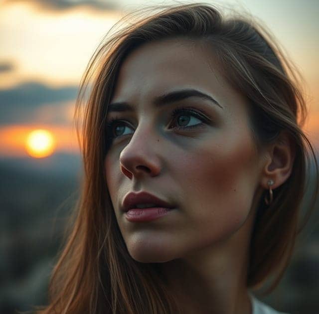 Une femme regardant un coucher de soleil, une image symbolise un nouveau départ et la fin d'un chapitre. pour évoquer l'espoir et la tranquillité intérieure.