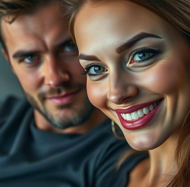 Un homme en arrière-plan regarde sa petite amie pensivement, on ne sait pas à quoi elle pense, et elle est charmante et souriante.