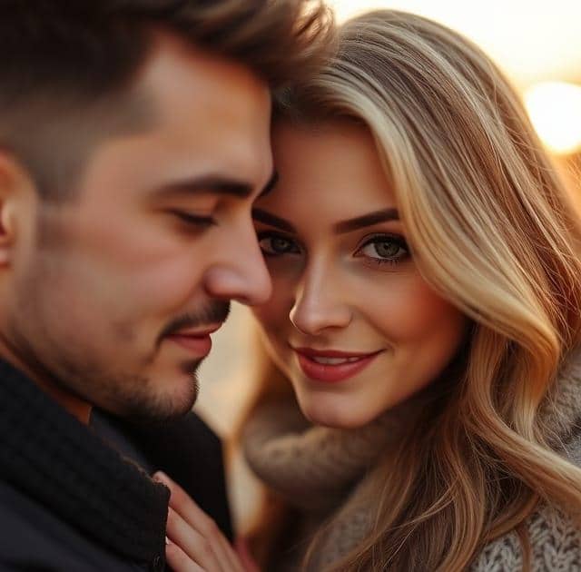 homme femme amoureux yeux dans les yeux sur un canapé entouré d'une belle atmosphère calme