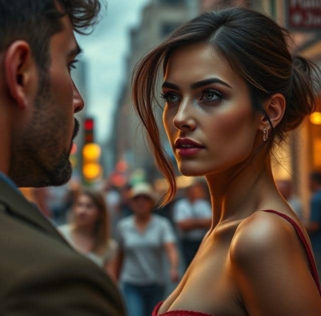 A beautiful attractive woman seduces the man by looking at him from afar and her silhouette and body increase self-confidence and the man looks at her with will and love.