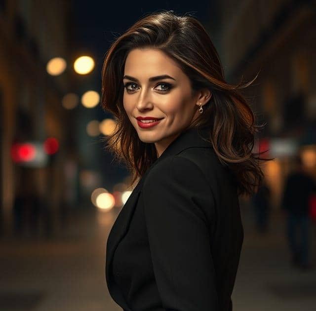 Une femme élégante, habillée avec style, marche seule dans un cadre nocturne légèrement flou, donnant une impression de mystère et de confiance. Elle sourit légèrement et jette un regard en arrière par-dessus son épaule. Son visage montre de l'assurance et de la sérénité, comme si elle connaît son propre pouvoir de séduction. Les lumières de la ville scintillent à l'arrière-plan, ajoutant un côté romantique et intriguant.