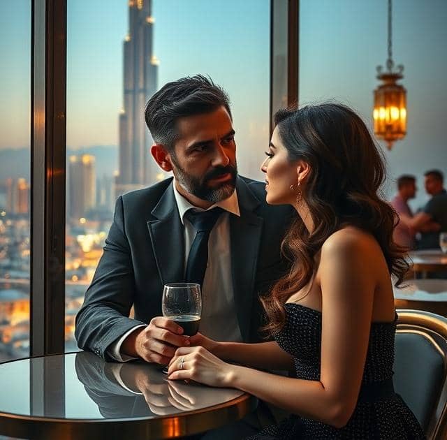 رجل سام مقرف مع امرأة جميلة في مقهى في موعد بالقرب من برج خليفة