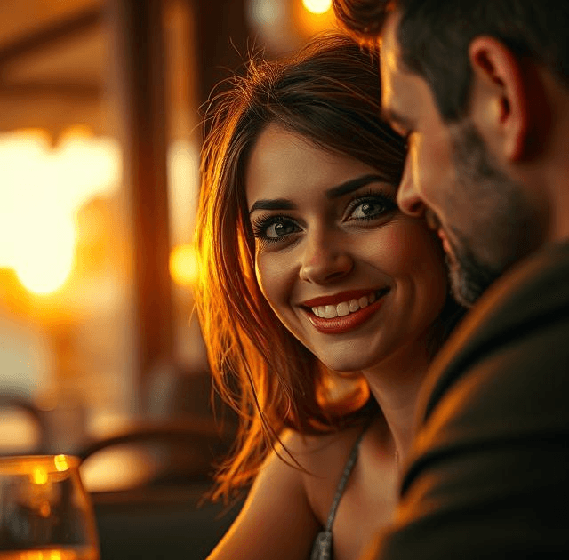 Une femme confiante, souriante, dans un décor romantique et doux — lumière tamisée, ambiance chaleureuse. Elle échange un regard complice avec un homme dans un café chic ou en promenade au coucher du soleil. L’atmosphère évoque l’élégance, la séduction naturelle et la connexion émotionnelle. Style esthétique, doux, inspirant.