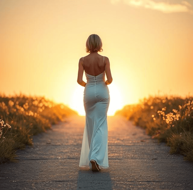 A confident and elegant woman standing on a path surrounded by light, symbolizing self-worth and inner strength, with a soft romantic background, pastel tones, subtle hearts and wedding symbolism in the distance, modern digital art, inspirational and feminine aesthetic, high resolution, blog cover style