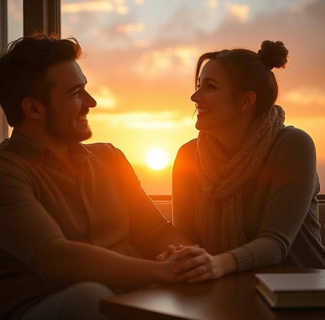 A couple sitting together, smiling warmly, holding hands under a sunset, with soft light and a cozy atmosphere. The scene reflects trust, emotional connection, and mutual respect. Include subtle elements like a journal or gratitude list on a nearby table