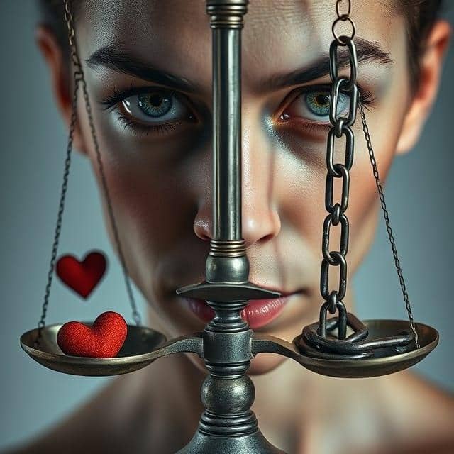 Une balance avec des cœurs d'un côté et des chaînes de l'autre : Cette image pourrait symboliser le conflit entre le besoin d'amour et les comportements addictifs.