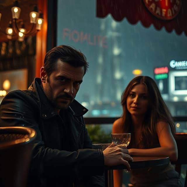 Couple, avec un homme méchant cela se voit dans sa posture et son esprit, dans un café ou un restaurant porte un ver dans sa main