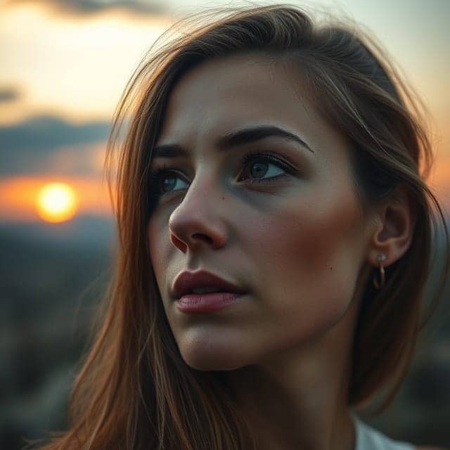 Une femme regardant un coucher de soleil, une image symbolise un nouveau départ et la fin d'un chapitre. pour évoquer l'espoir et la tranquillité intérieure.