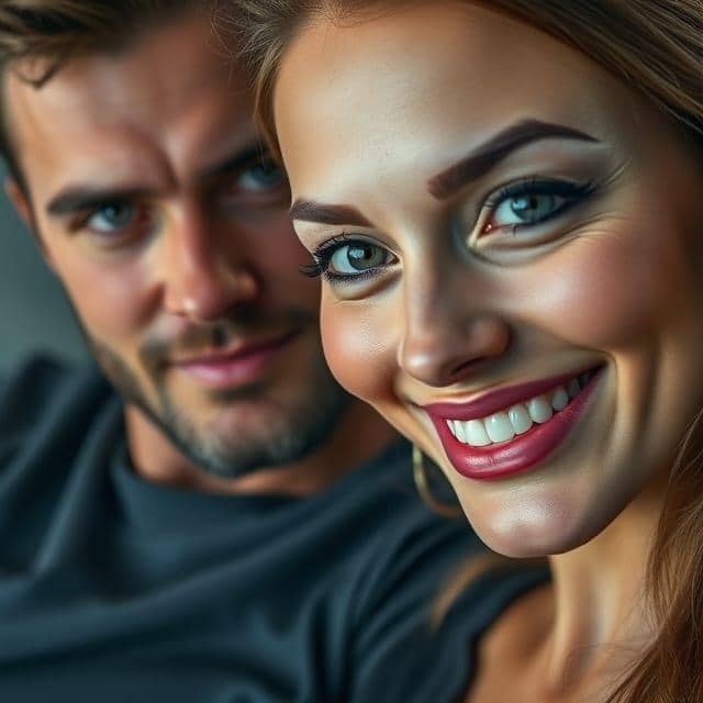Un homme en arrière-plan regarde sa petite amie pensivement, on ne sait pas à quoi elle pense, et elle est charmante et souriante.