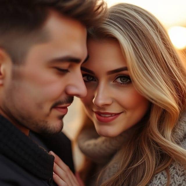 homme femme amoureux yeux dans les yeux sur un canapé entouré d'une belle atmosphère calme