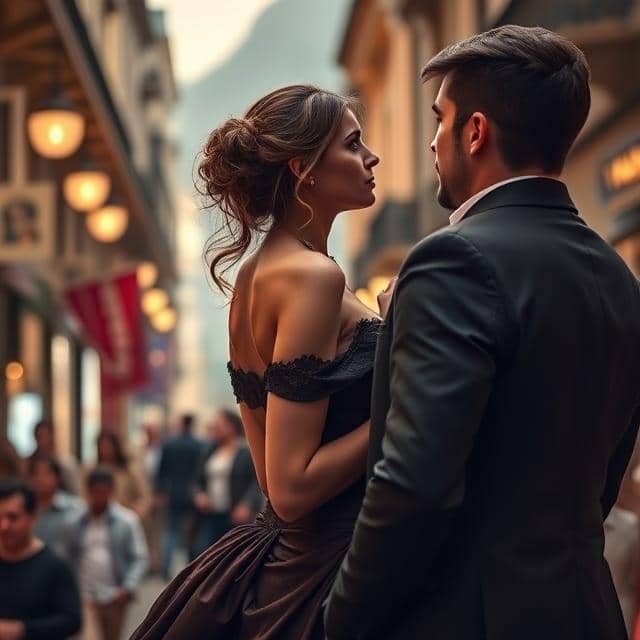 Un couple, la femme regarde son amant avec désir et il essaie de retenir son souffle pour elle.