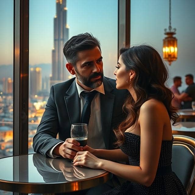 رجل سام مقرف مع امرأة جميلة في مقهى في موعد بالقرب من برج خليفة