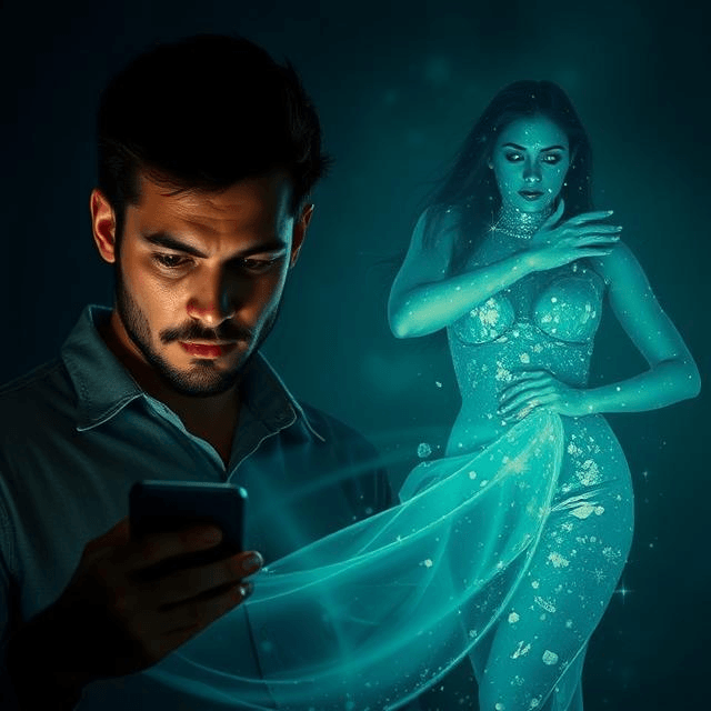 رجل متأمل ينظر إلى هاتفه، مما يوحي بأنه يفكر فيها وأنها تؤثر عليه. صورة ظلية أنثوية غامضة ذات خلفية مضيئة، تثير الجاذبية والغموض.