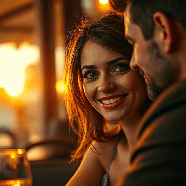 Une femme confiante, souriante, dans un décor romantique et doux — lumière tamisée, ambiance chaleureuse. Elle échange un regard complice avec un homme dans un café chic ou en promenade au coucher du soleil. L’atmosphère évoque l’élégance, la séduction naturelle et la connexion émotionnelle. Style esthétique, doux, inspirant.