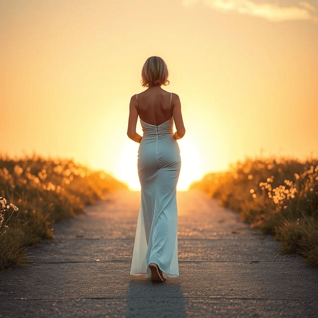 A confident and elegant woman standing on a path surrounded by light, symbolizing self-worth and inner strength, with a soft romantic background, pastel tones, subtle hearts and wedding symbolism in the distance, modern digital art, inspirational and feminine aesthetic, high resolution, blog cover style