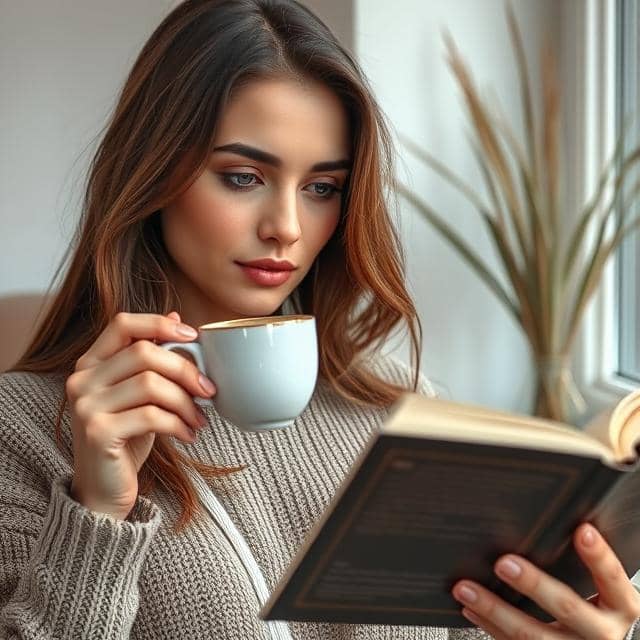 Femme moderne dans un intérieur minimaliste, buvant une tisane, lisant un livre ou faisant du yoga, ambiance calme et équilibrée