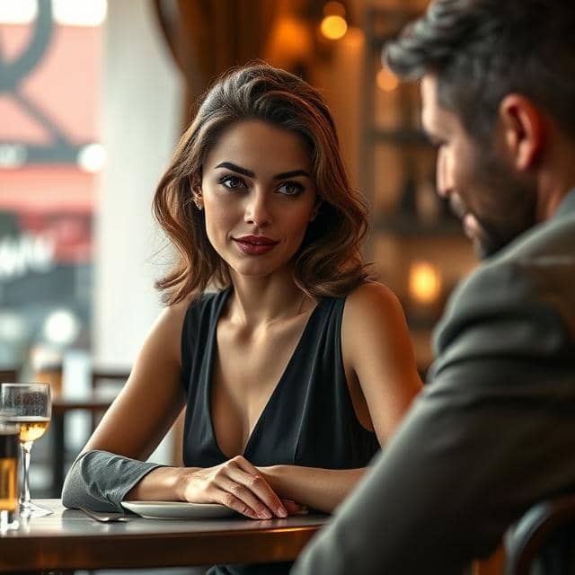 Une femme élégante et confiante assise à une table de café romantique, regardant un homme avec un sourire mystérieux.