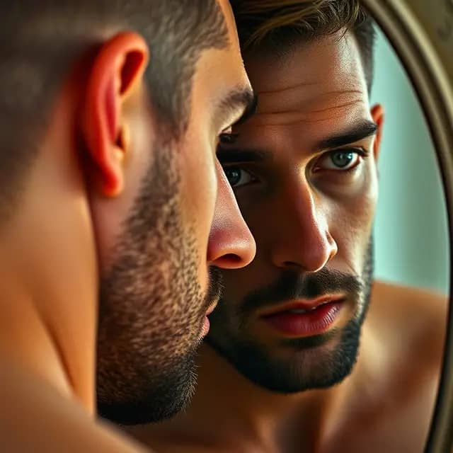 Un homme face à un miroir : Cela peut symboliser la réflexion personnelle et la lutte intérieure entre le désir et la volonté d'engagement.