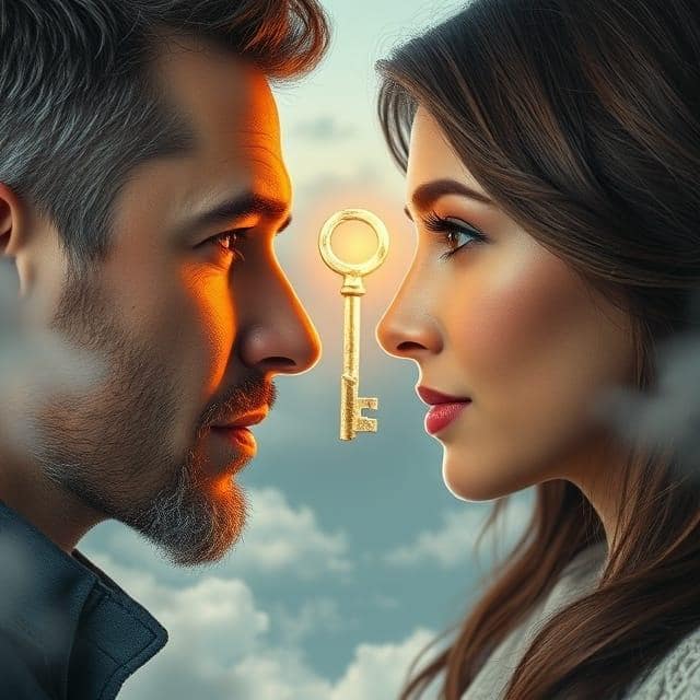 Une clé dorée, symbolisant la communication comme clé de la compréhension dans les relations, mais aussi l’importance de savoir éviter les obstacles pour protéger les liens