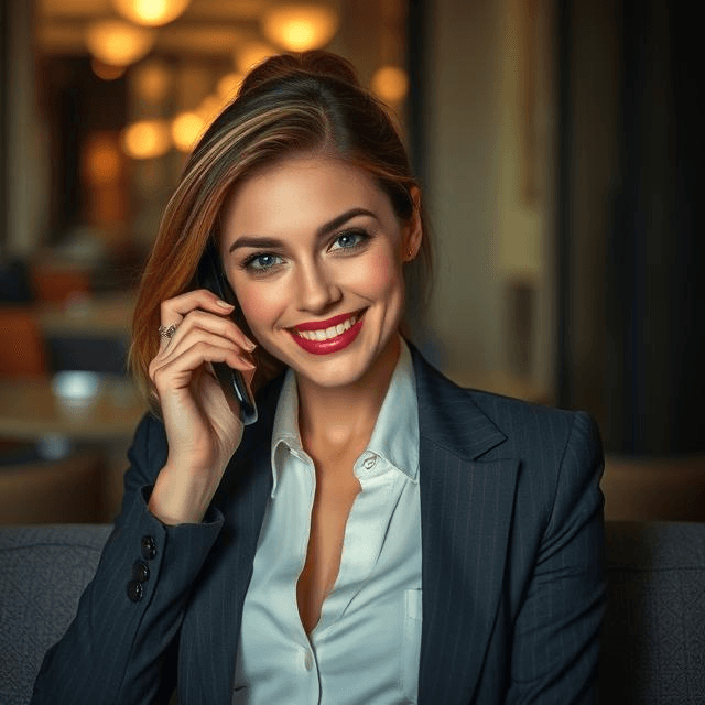 Une femme élégante et confiante tenant son téléphone avec un sourire mystérieux, symbolisant la séduction à distance.